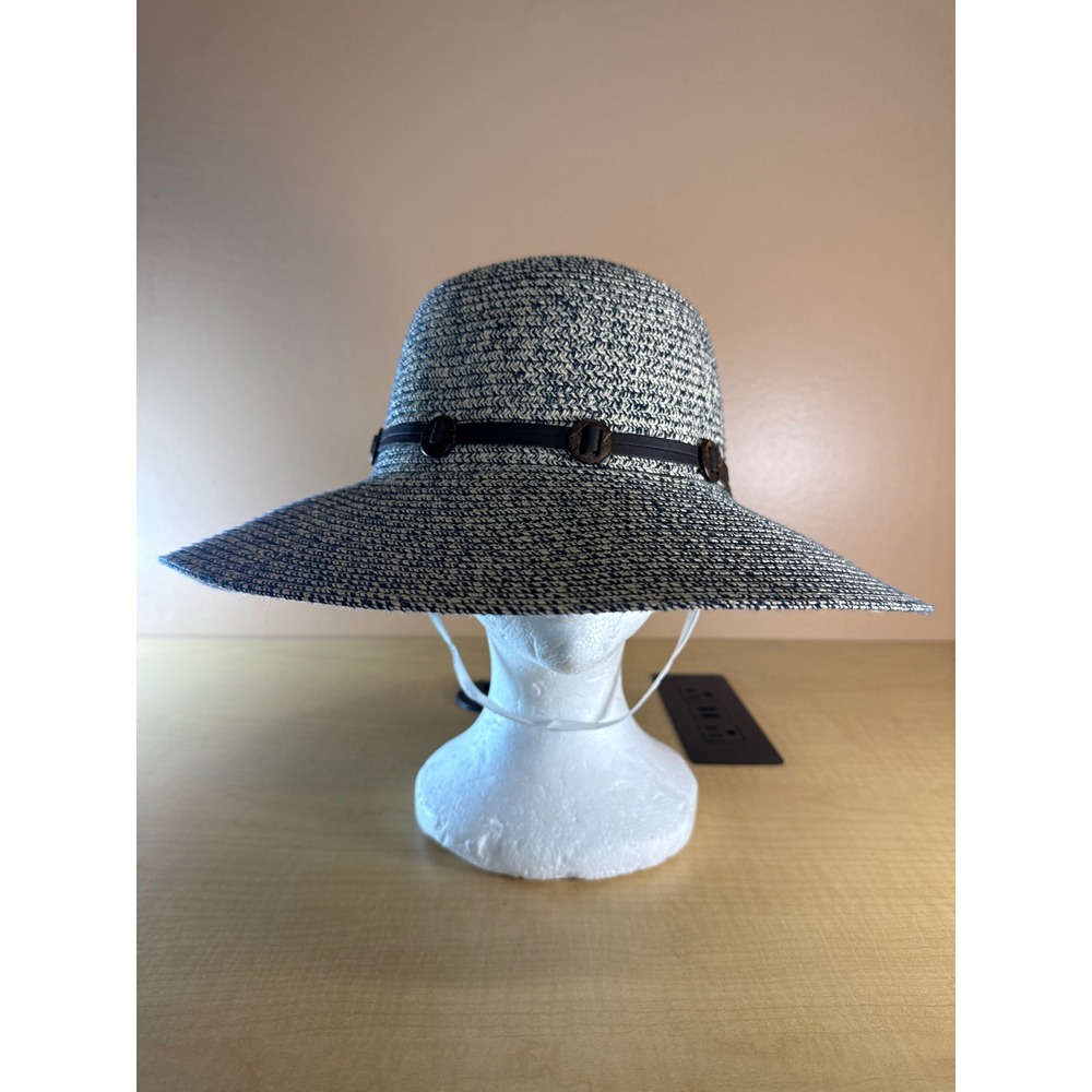Woven Paper Straw Wide Brim Sun Hat Navy Tan Marled with Wood Bead Band‎